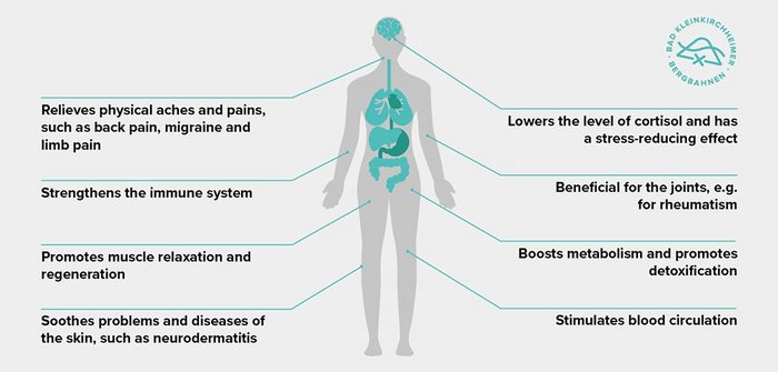 Grafik über die gesundheitsfördernde Wirkungen am Körper durch das Bad Kleinkirchheimer Thermalwasser