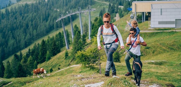Eine Familie wandert mit ihrem Hund durch die Berge.