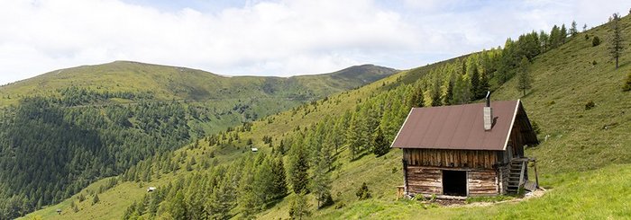Kleines Holzhaus inmitten unberührter, grüner Landschaft.