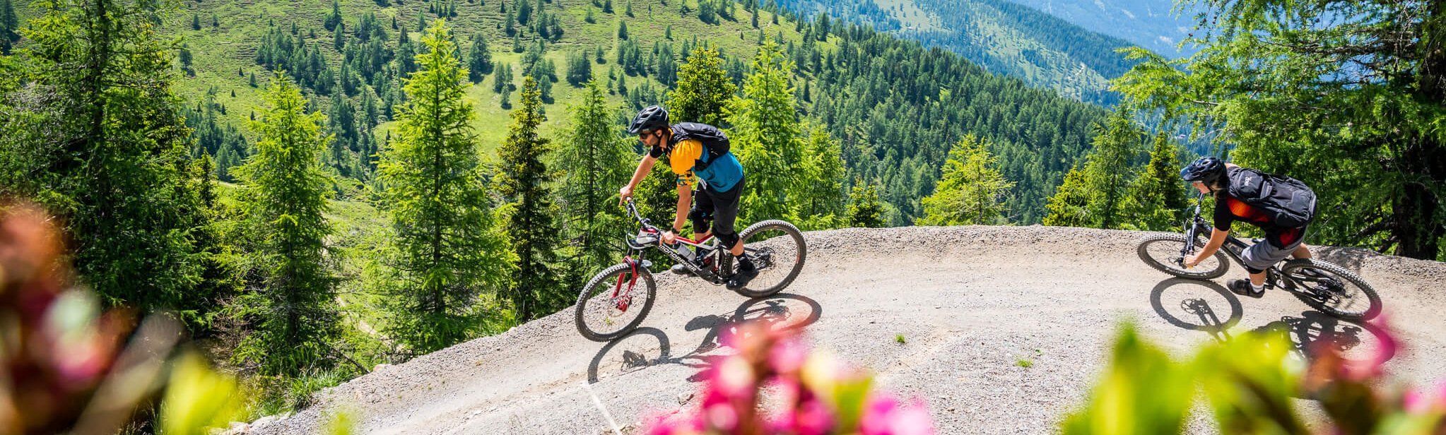 Biker Pärchen am Bad Kleinkirchheimer Flow Country Trail, blühender Almrausch in Kärnten