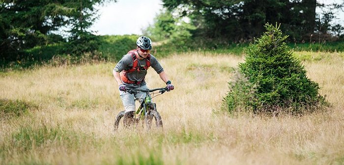 Ein Mountainbiker fährt durch eine hochgewachsene Wiese.