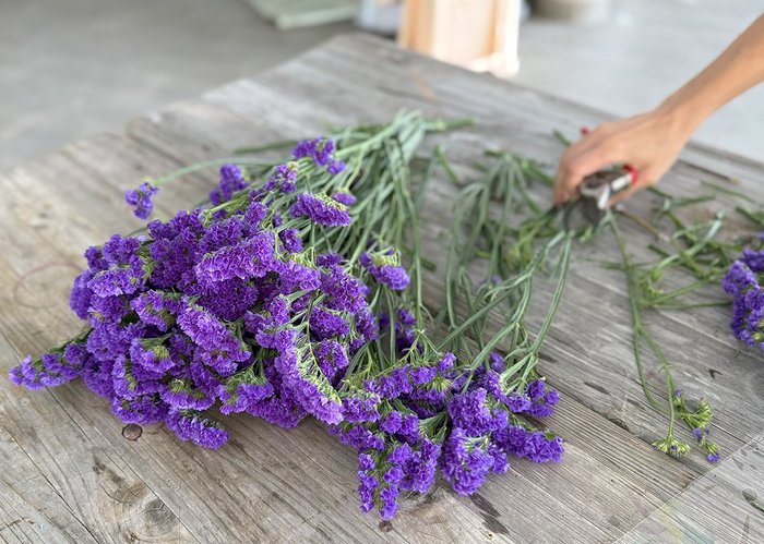 Blumenbinden mit violetten Blumen