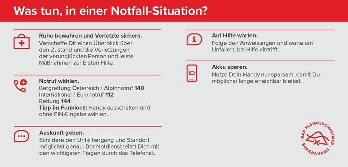 Notruf-Nummern bei Ereignissen am Berg, Notfall-Situation und Erste Hilfe, Bergrettung und Euro-Notruf