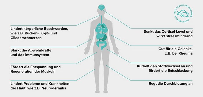 Grafik über die gesundheitsfördernde Wirkungen am Körper durch das Bad Kleinkirchheimer Thermalwasser