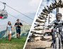 Wanderpärchen mit Kaiserburgbahn im Hintergrund, Mountainbiker vor dem Startportal des Flow Country Trails